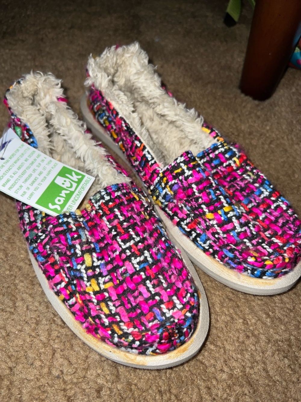 Sanuk Pink Multi Tweed Faux-Fur Lined Slip-Ons